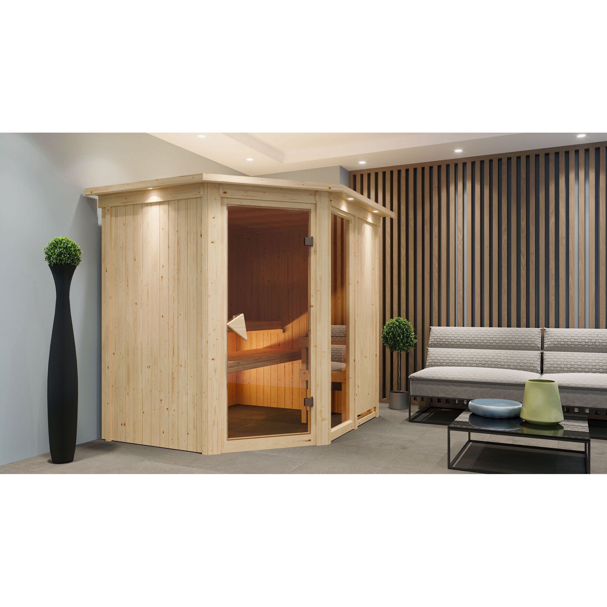 Eck-Sauna aus Holz mit Glastür in einem Raum.