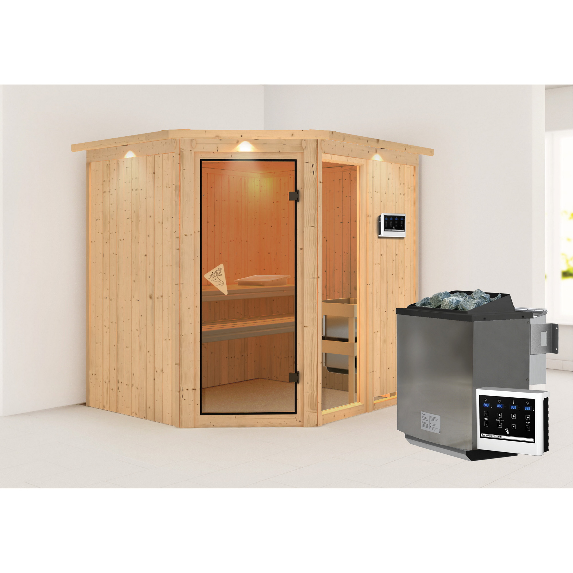 Elementsauna 'Almara 2' naturbelassen mit Kranz und bronzierter Tür 9 kW Bio-Ofen externe Steuerung Easy 210 x 184 x 202 cm + product picture