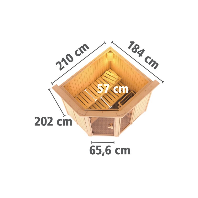 Eck-Sauna aus hellem Holz mit Maßen
