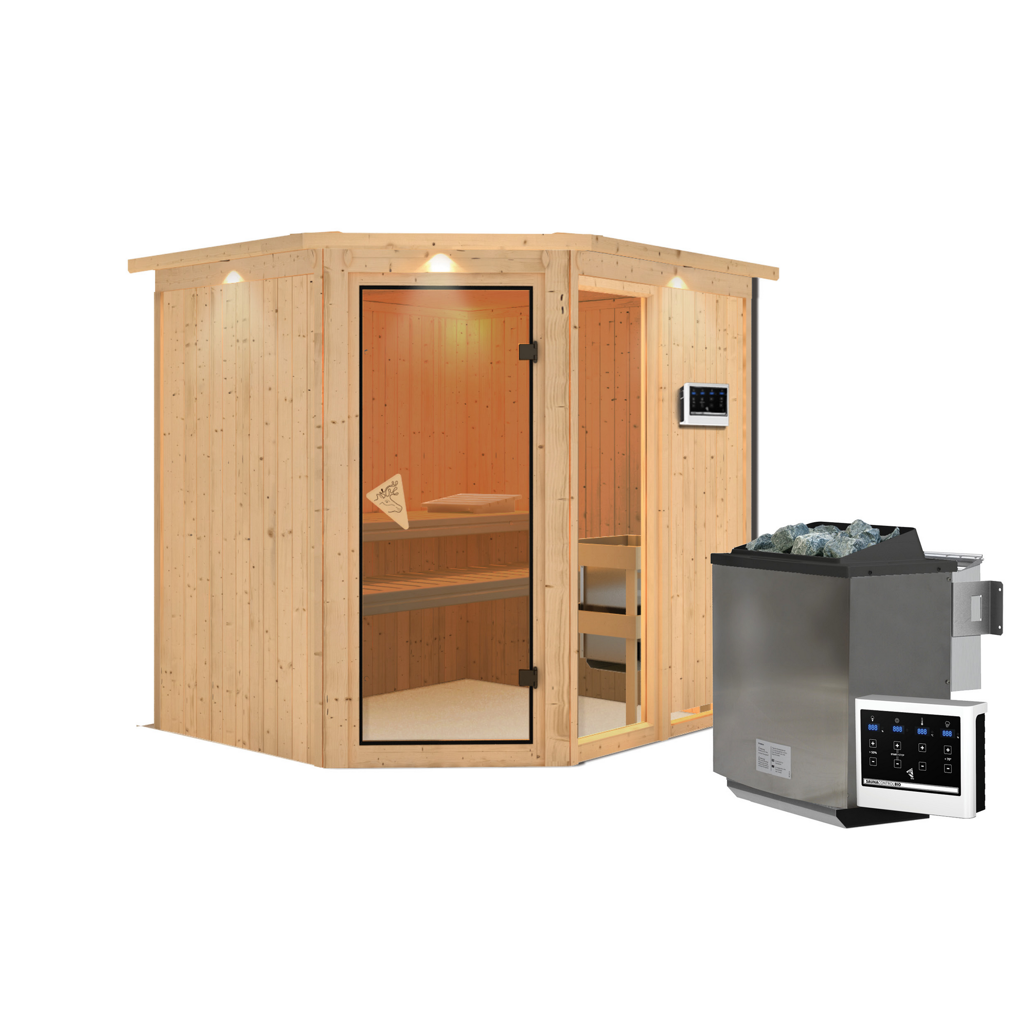 Elementsauna 'Almara 2' naturbelassen mit Kranz und bronzierter Tür 9 kW Bio-Ofen externe Steuerung Easy 210 x 184 x 202 cm + product picture