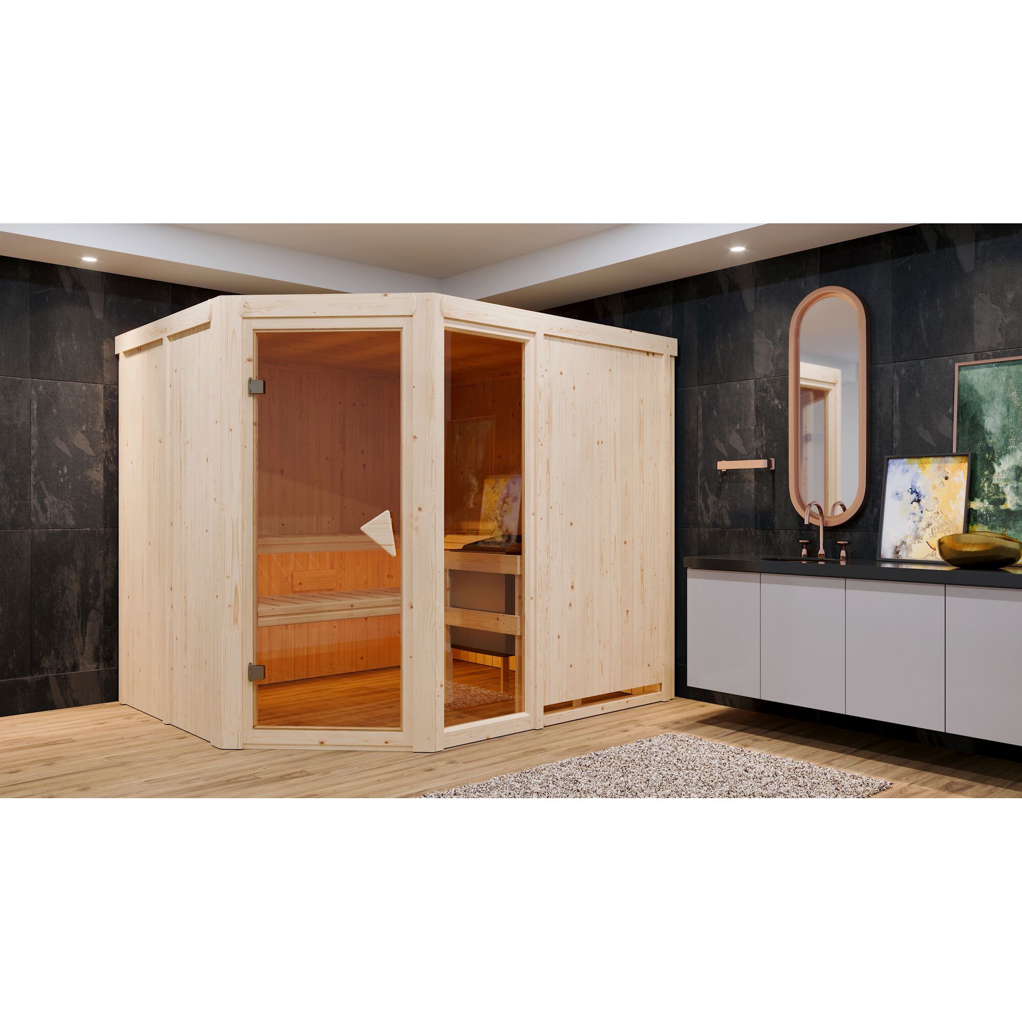 Eck-Sauna aus hellem Holz in einem Badezimmer