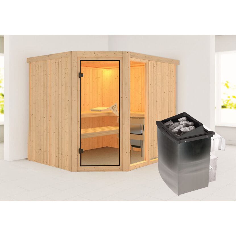 Eck-Sauna aus hellem Holz mit Saunaofen
