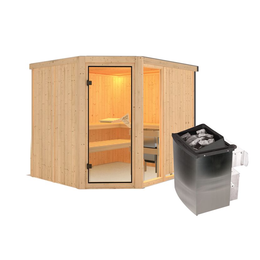 Ecksauna aus Holz mit Saunaofen