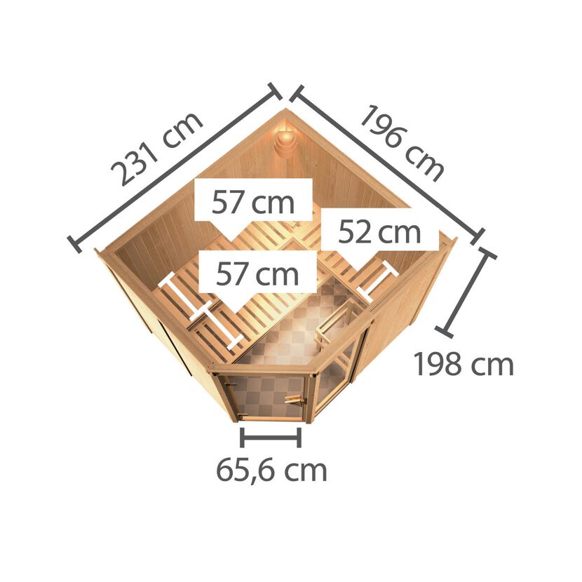 Elementsauna 'Almara 3' naturbelassen mit bronzierter Tür 9 kW Ofen Edelstahl externe Steuerung Easy 231 x 196 x 198 cm