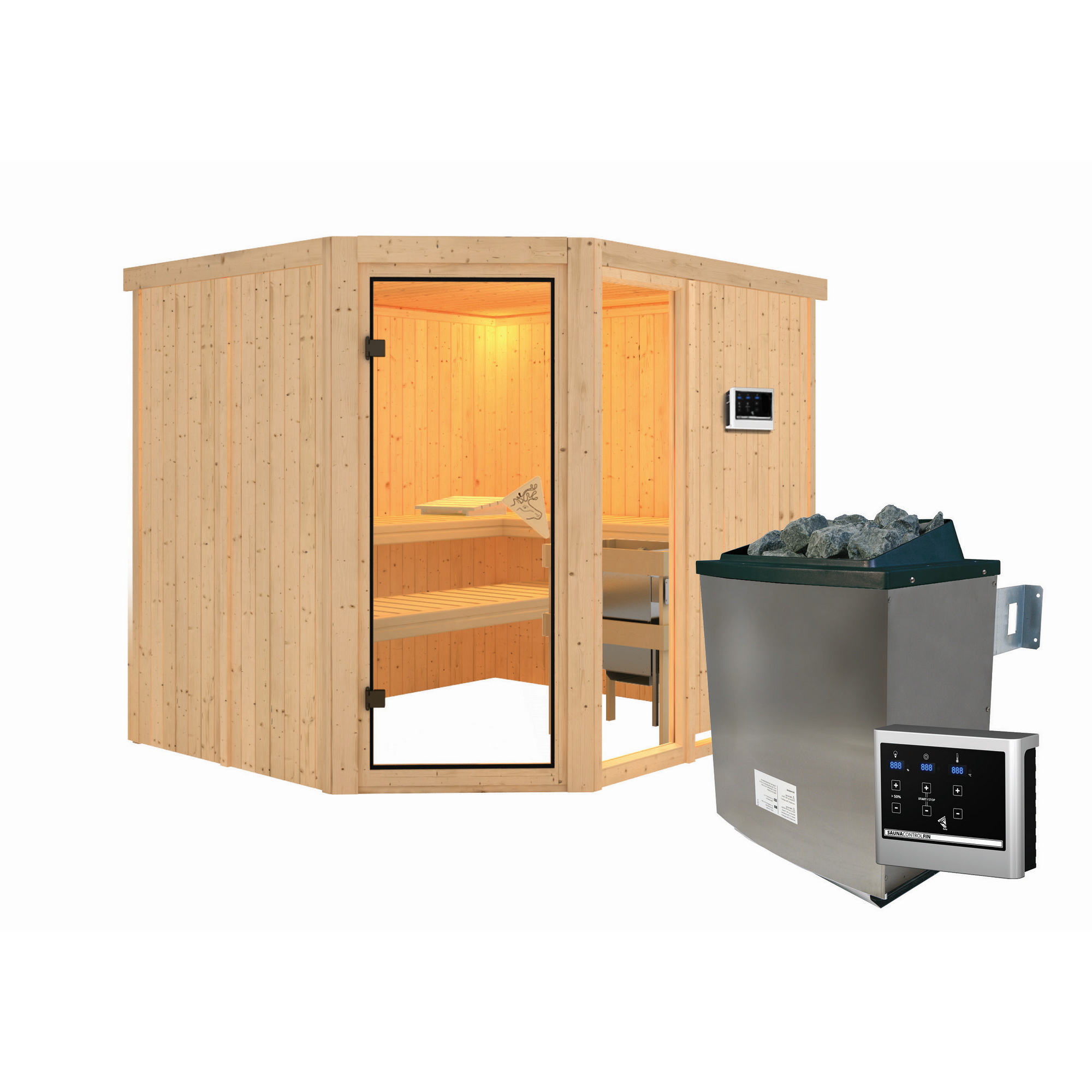 Elementsauna 'Almara 3' naturbelassen mit bronzierter Tür 9 kW Ofen Edelstahl externe Steuerung Easy 231 x 196 x 198 cm