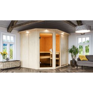 Elementsauna 'Almara 3' naturbelassen mit Kranz und bronzierter Tür 245 x 210 x 202 cm