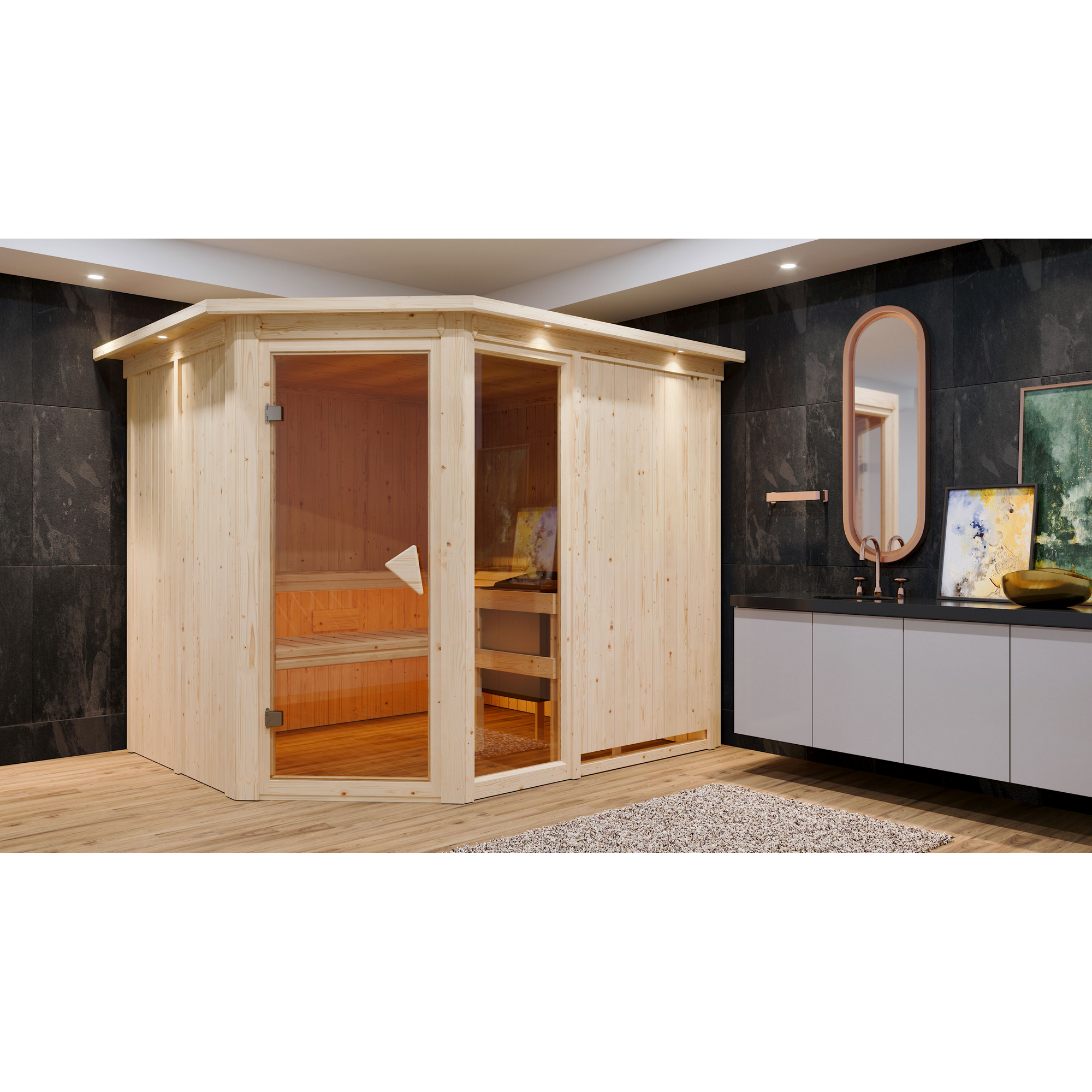 Elementsauna 'Almara 3' naturbelassen mit Kranz und bronzierter Tür 245 x 210 x 202 cm
