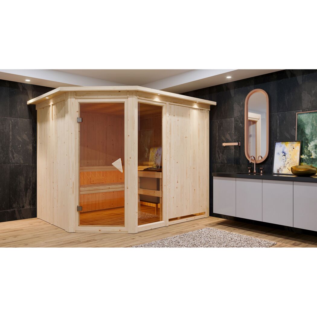 Elementsauna 'Almara 3' naturbelassen mit Kranz und bronzierter Tür 245 x 210 x 202 cm
