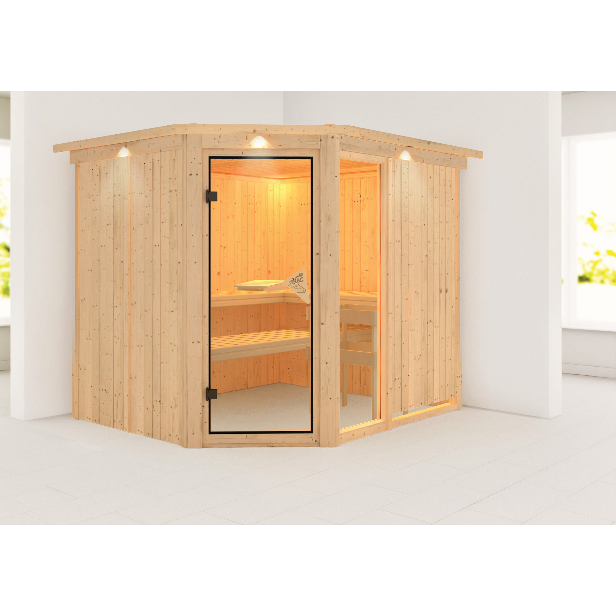 Elementsauna 'Almara 3' naturbelassen mit Kranz und bronzierter Tür 245 x 210 x 202 cm