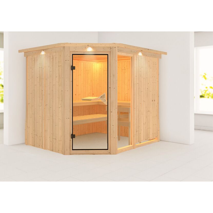 Elementsauna 'Almara 3' naturbelassen mit Kranz und bronzierter Tür 245 x 210 x 202 cm