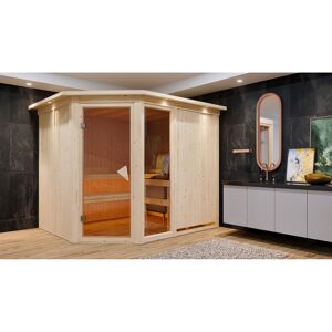 Elementsauna 'Almara 3' naturbelassen mit Kranz und bronzierter Tür 9 kW Ofen integrierte Steuerung 245 x 210 x 202 cm
