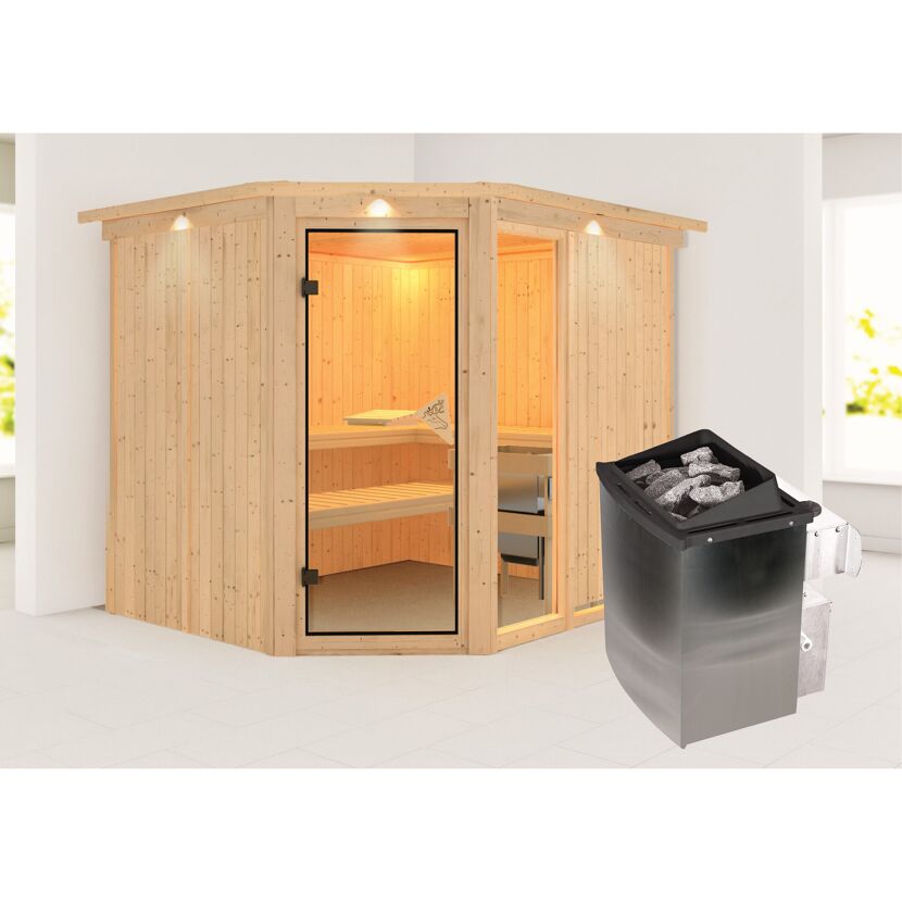 Elementsauna 'Almara 3' naturbelassen mit Kranz und bronzierter Tür 9 kW Ofen integrierte Steuerung 245 x 210 x 202 cm