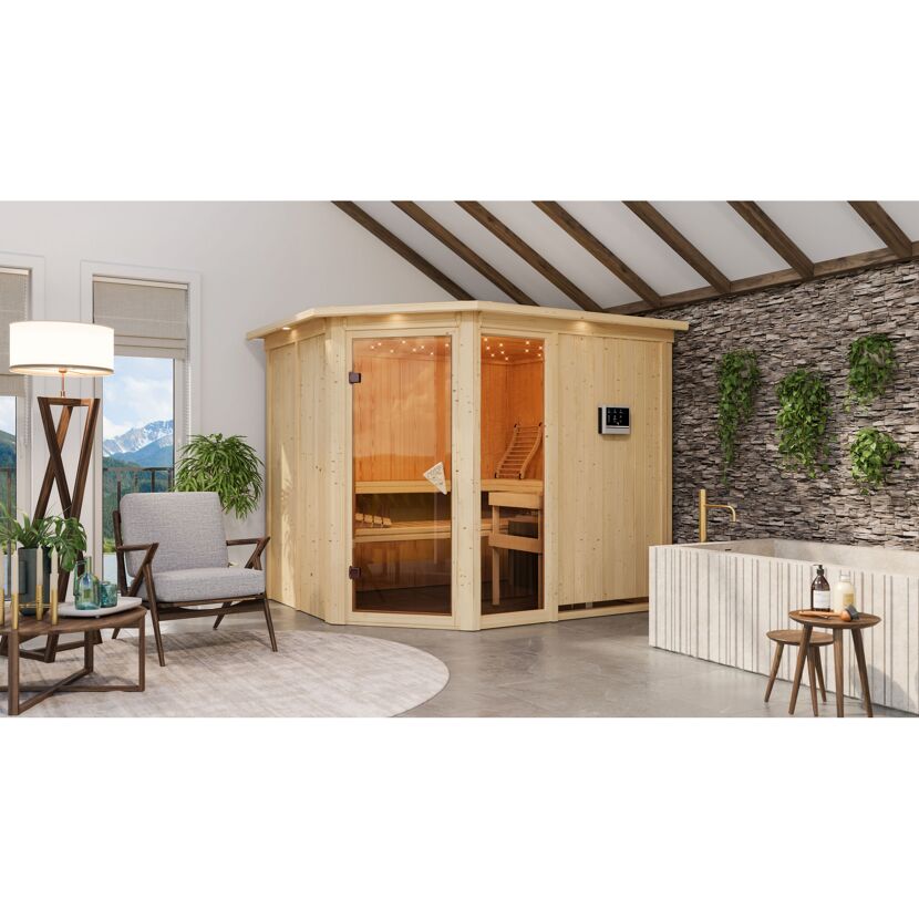Eck-Sauna aus hellem Holz in einem Badezimmer