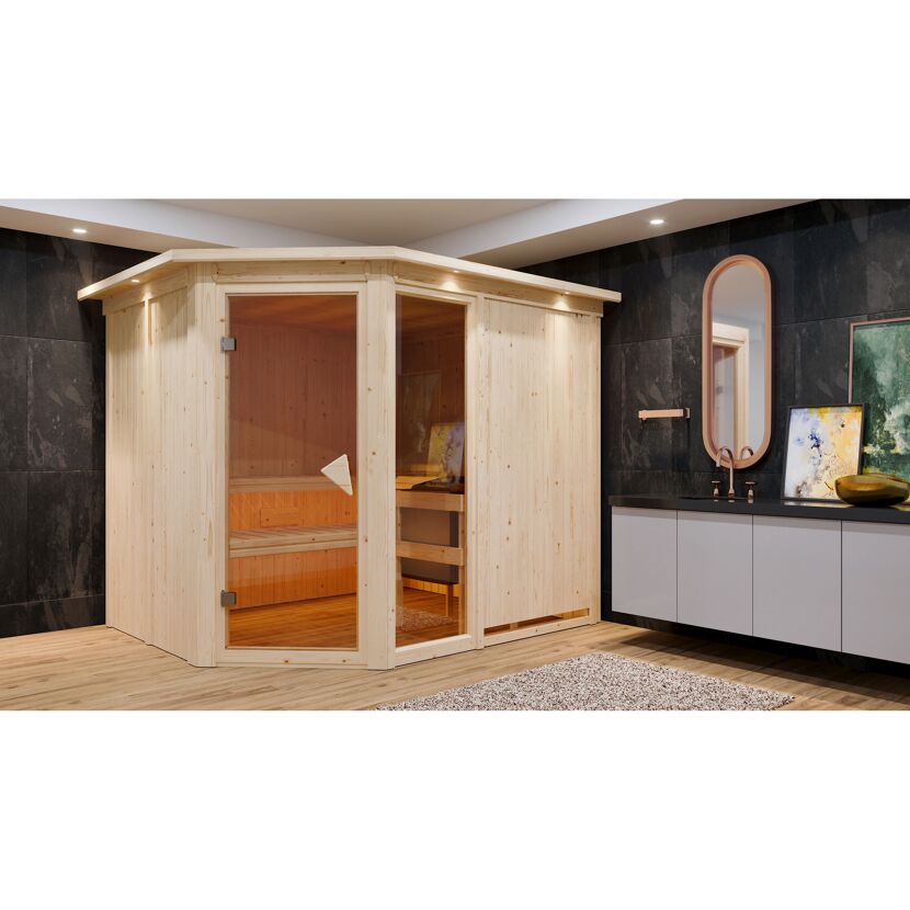 Eck-Sauna aus hellem Holz in einem Badezimmer