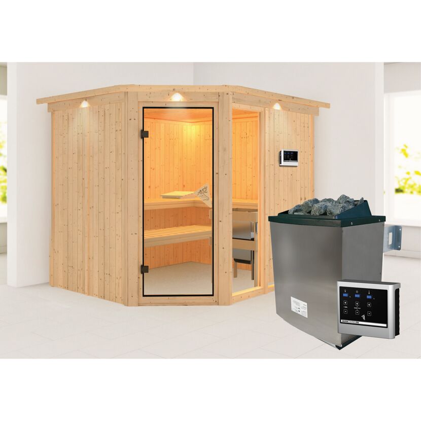 Eck-Sauna aus hellem Holz mit Saunaofen