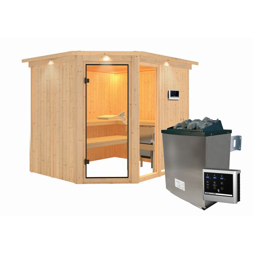 Eck-Sauna aus hellem Holz mit Saunaofen und Steuerung