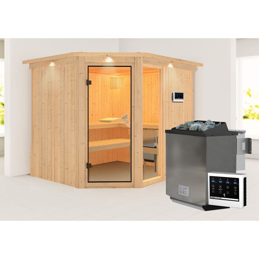 Ecksauna aus hellem Holz mit Saunaofen