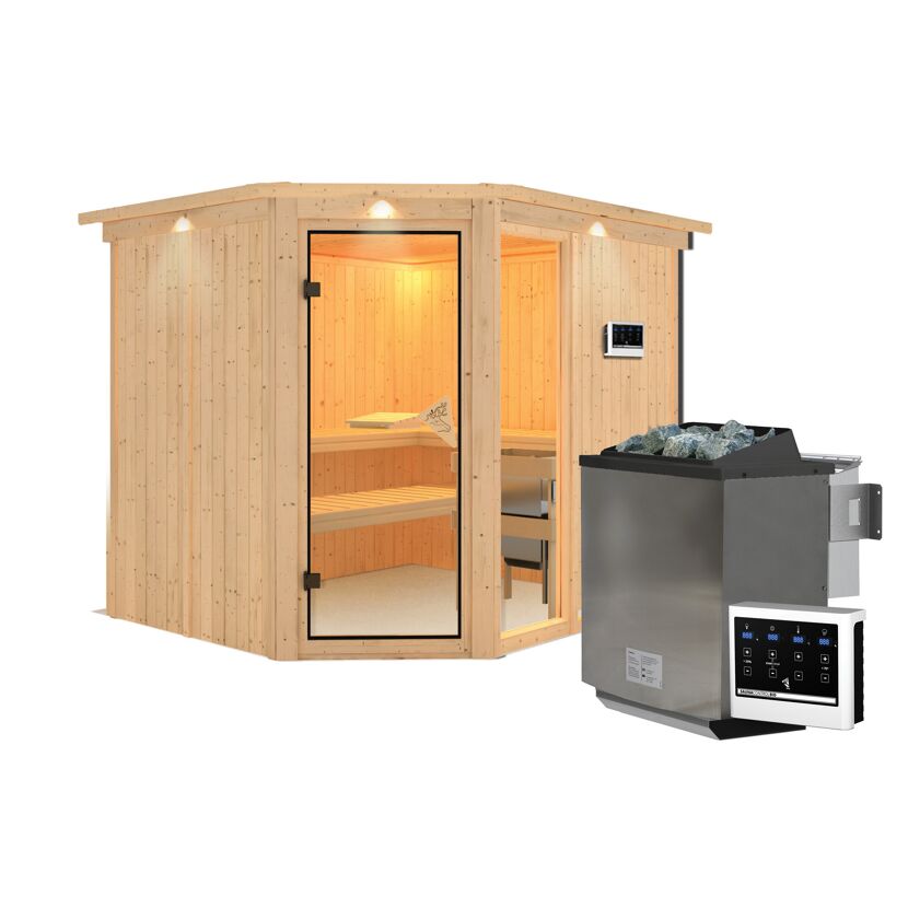 Eck-Sauna aus Holz mit Saunaofen