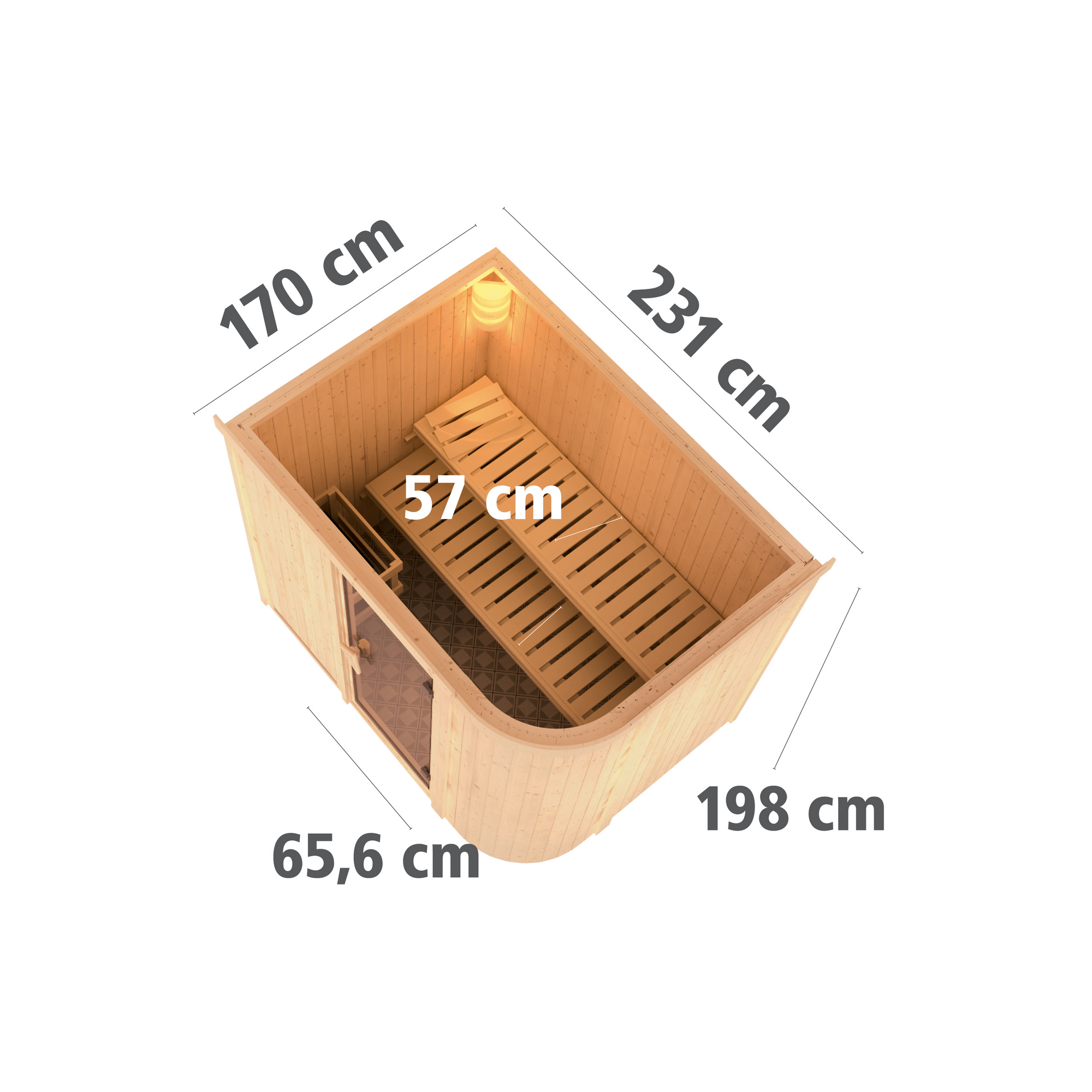 Elementsauna 'Amira 4' naturbelassen mit Energiespartür 9 kW Ofen integrierte Steuerung 231 x 170 x 198 cm