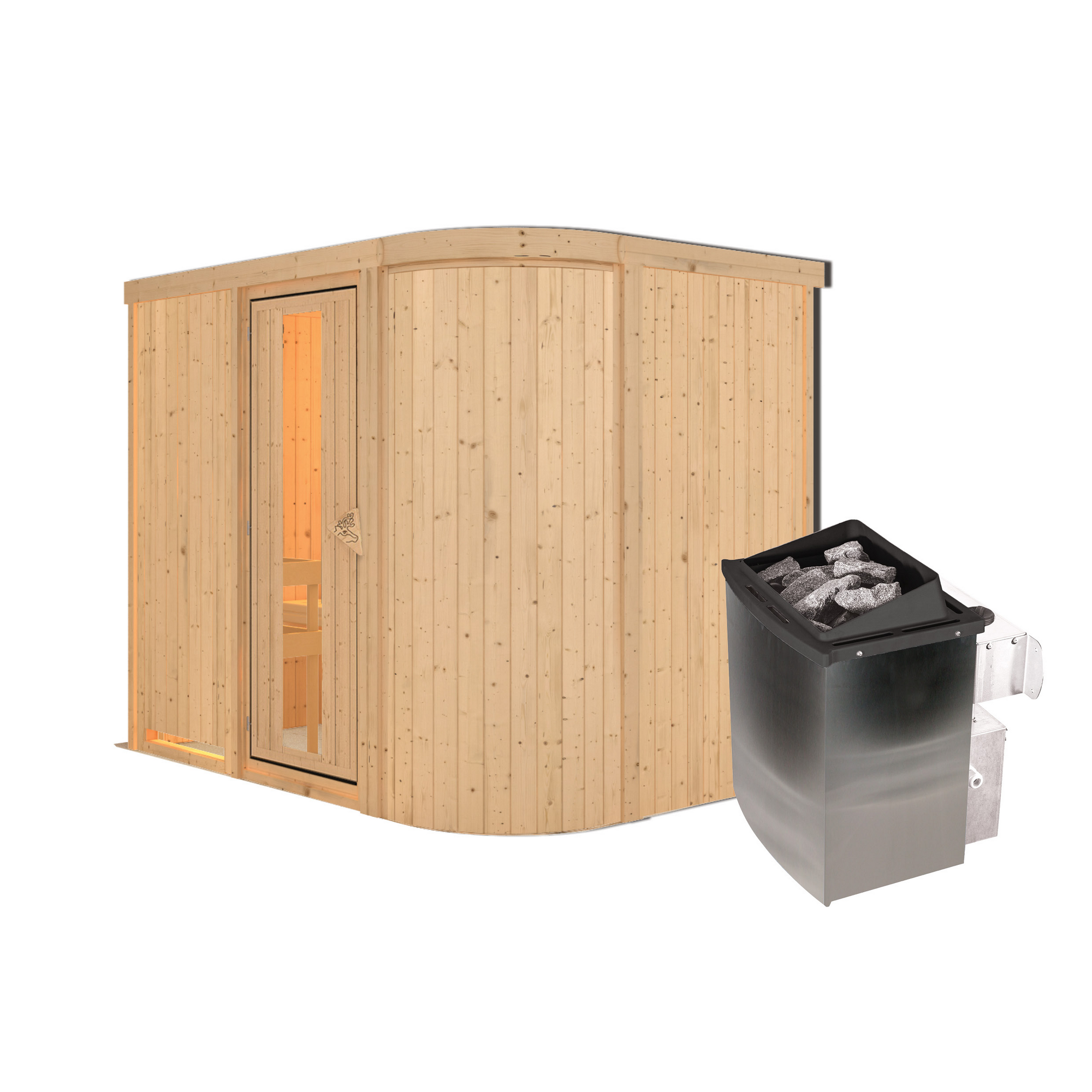 Elementsauna 'Amira 4' naturbelassen mit Energiespartür 9 kW Ofen integrierte Steuerung 231 x 170 x 198 cm