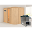 Ecksauna aus hellem Holz mit Saunaofen