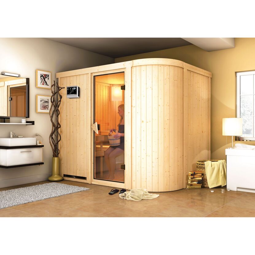 Elementsauna 'Amira 4' naturbelassen mit bronzierter Tür 9 kW Bio-Ofen externe Steuerung Easy 231 x 170 x 198 cm