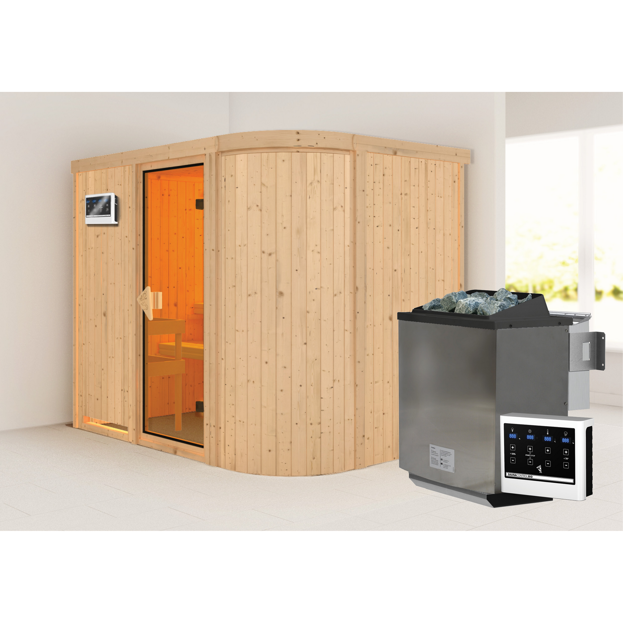 Elementsauna 'Amira 4' naturbelassen mit bronzierter Tür 9 kW Bio-Ofen externe Steuerung Easy 231 x 170 x 198 cm