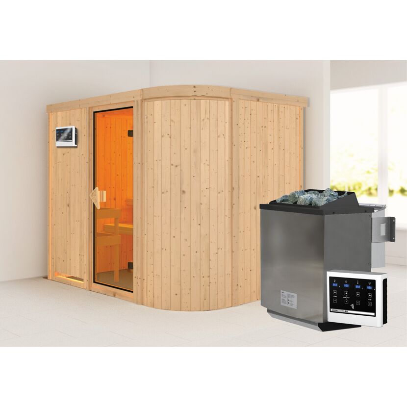 Elementsauna 'Amira 4' naturbelassen mit bronzierter Tür 9 kW Bio-Ofen externe Steuerung Easy 231 x 170 x 198 cm