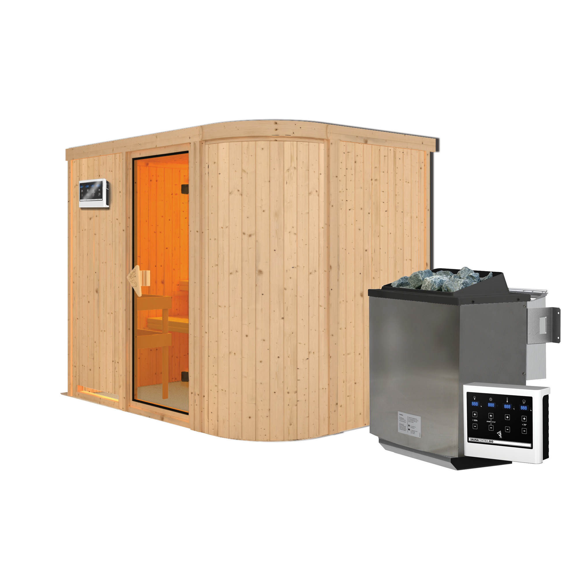 Elementsauna 'Amira 4' naturbelassen mit bronzierter Tür 9 kW Bio-Ofen externe Steuerung Easy 231 x 170 x 198 cm