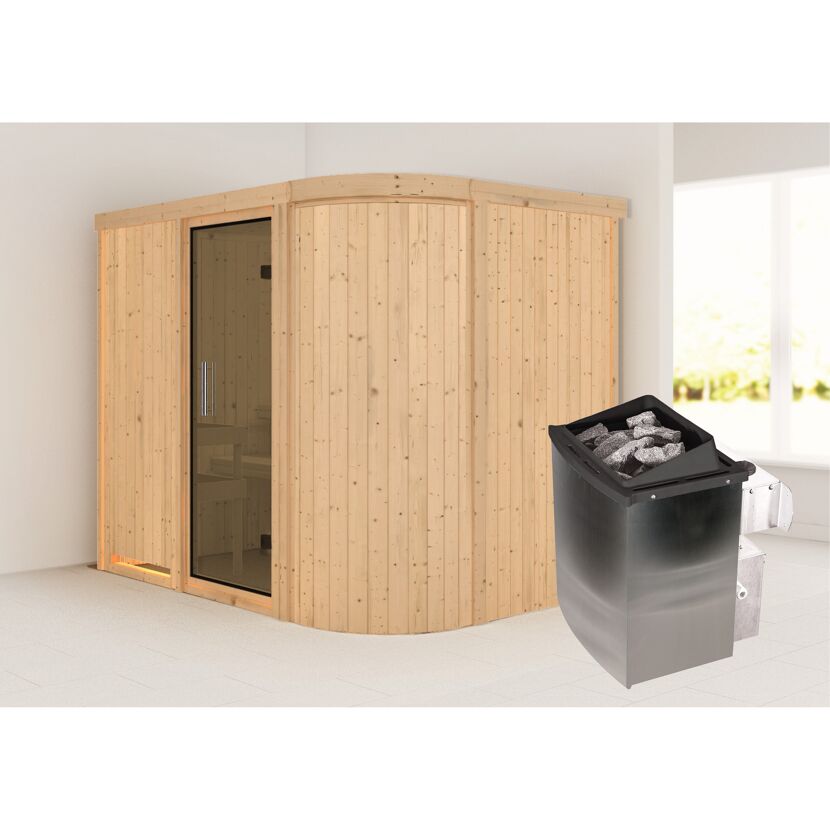 Eck-Sauna aus hellem Holz mit Saunaofen