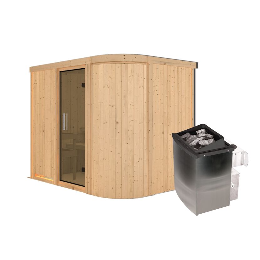 Außenansicht einer Sauna aus Holz mit Saunaofen