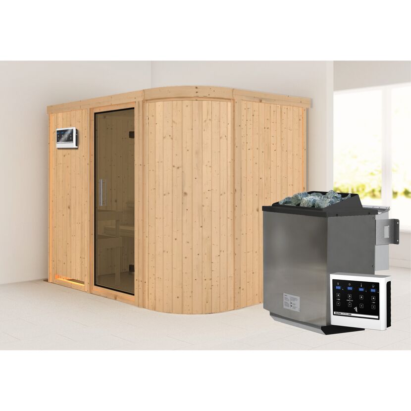 Ecksauna aus hellem Holz mit Saunaofen