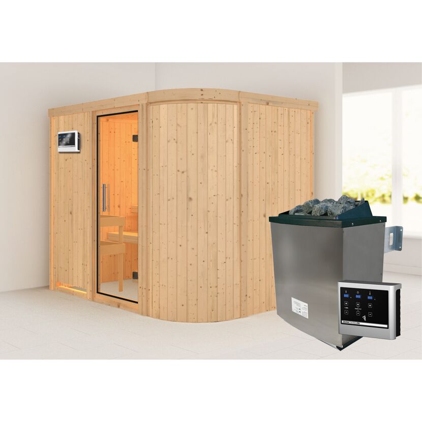 Eck-Sauna aus hellem Holz mit Saunaofen