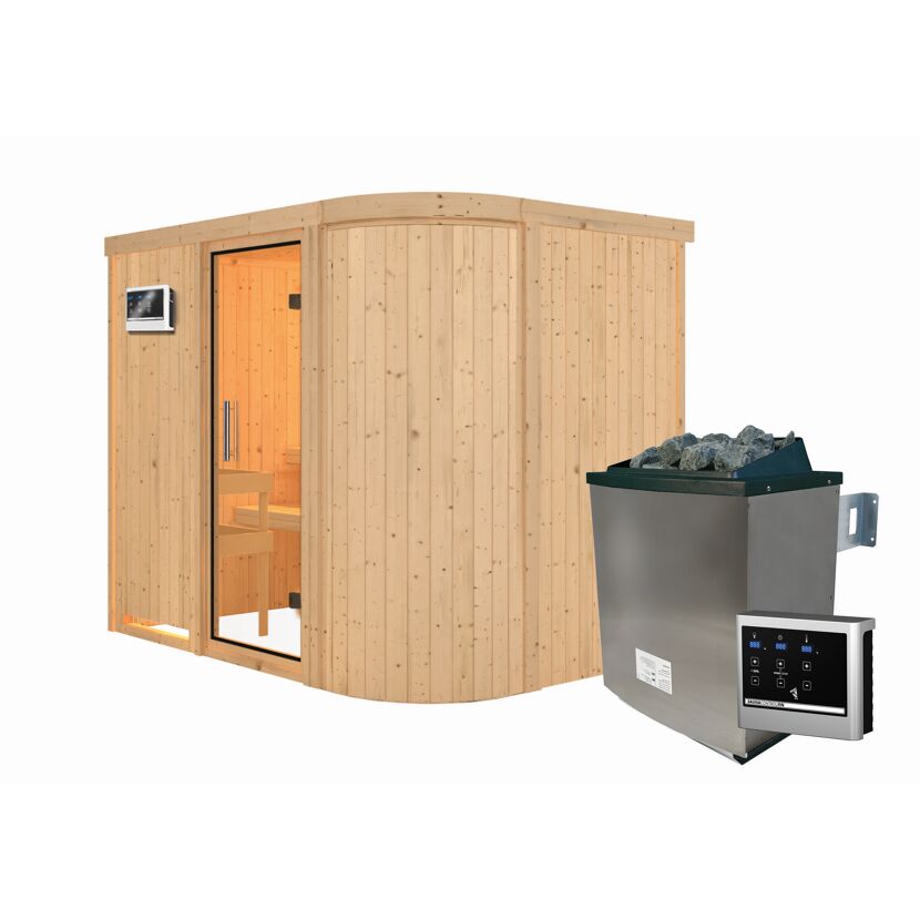 Sauna aus hellem Holz mit Saunaofen