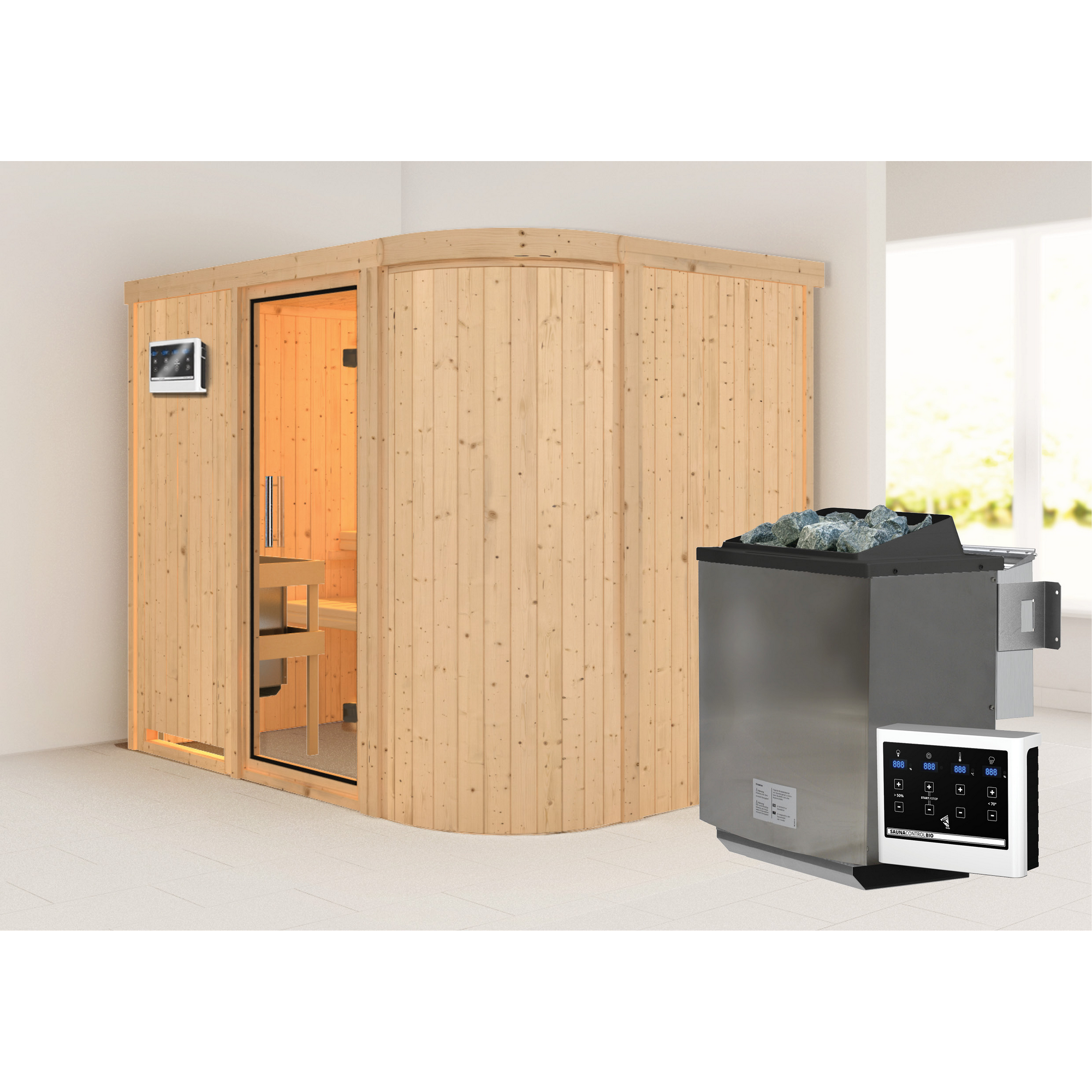 Elementsauna 'Amira 4' naturbelassen mit Klarglastür 9 kW Bio-Ofen externe Steuerung easy 231 x 170 x 198 cm
