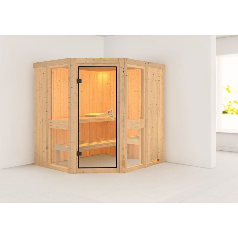 Eck-Sauna aus hellem Holz mit Glastür