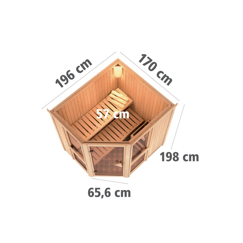 Ecksauna aus Holz mit Maßen