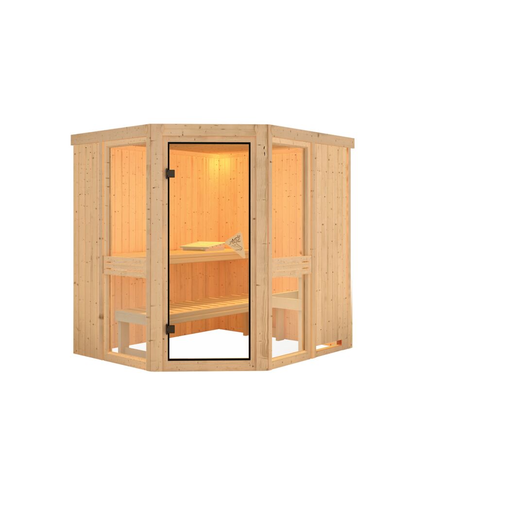 Eck-Sauna aus hellem Holz mit Glastür