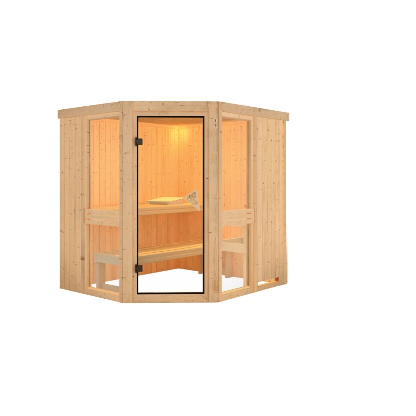 Eck-Sauna aus hellem Holz mit Glastür