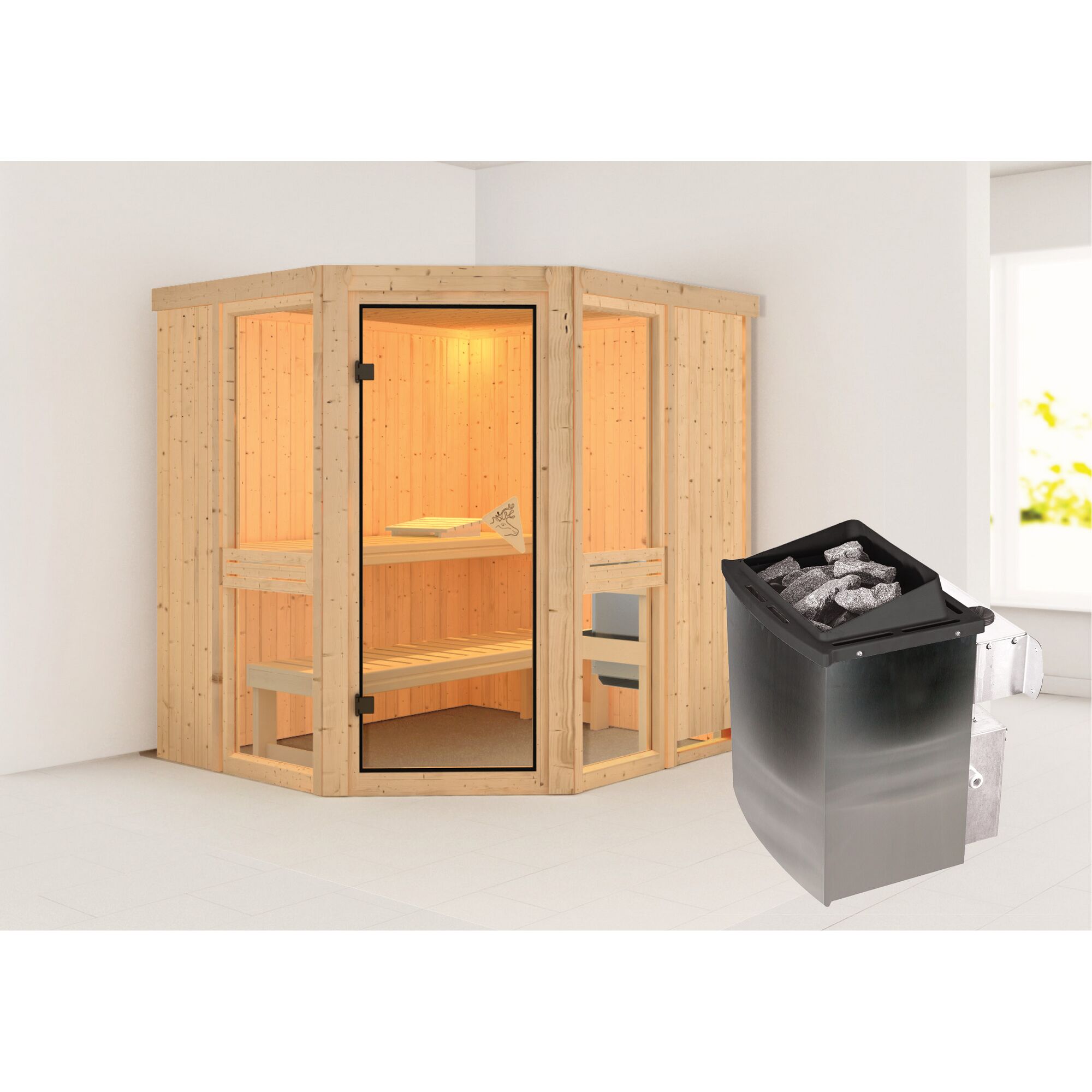Ecksauna aus Holz mit Saunaofen