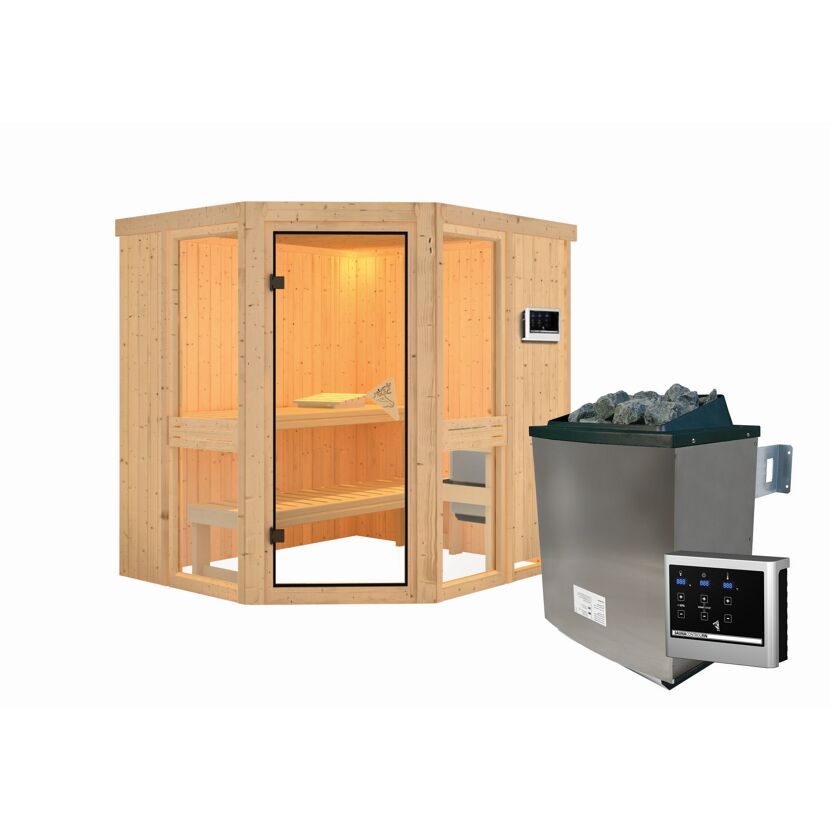 Eck-Sauna aus Holz mit Saunaofen