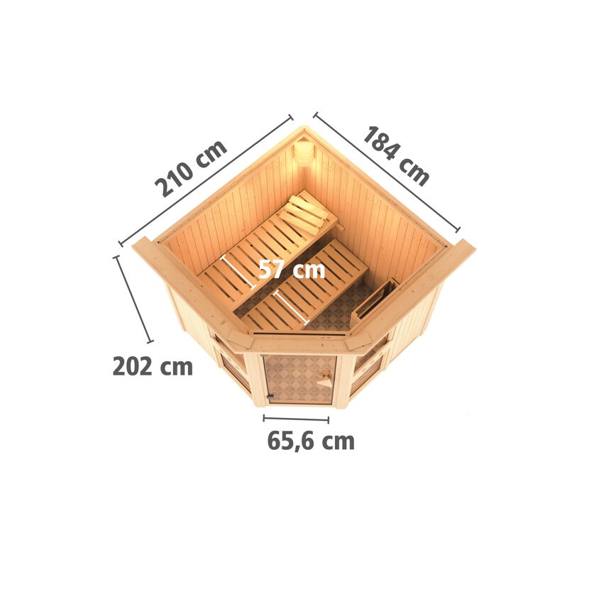 Elementsauna 'Ana 1' naturbelassen mit Kranz und bronzierter Tür 210 x 184 x 202 cm