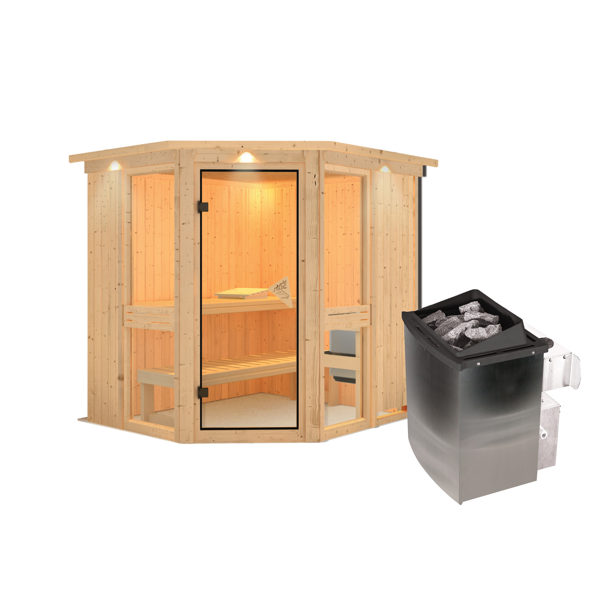 Eck-Sauna aus hellem Holz mit Saunaofen