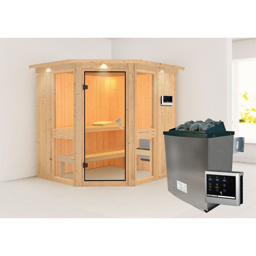 Ecksauna aus Holz mit Saunaofen und Steuergerät
