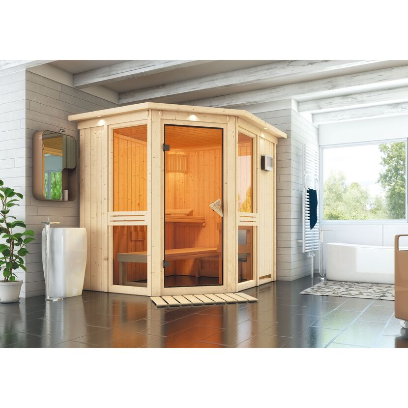 Elementsauna 'Ana 1' naturbelassen mit Kranz 9 kW Bio-Ofen externe Steuerung Easy 210 x 184 x 202 cm