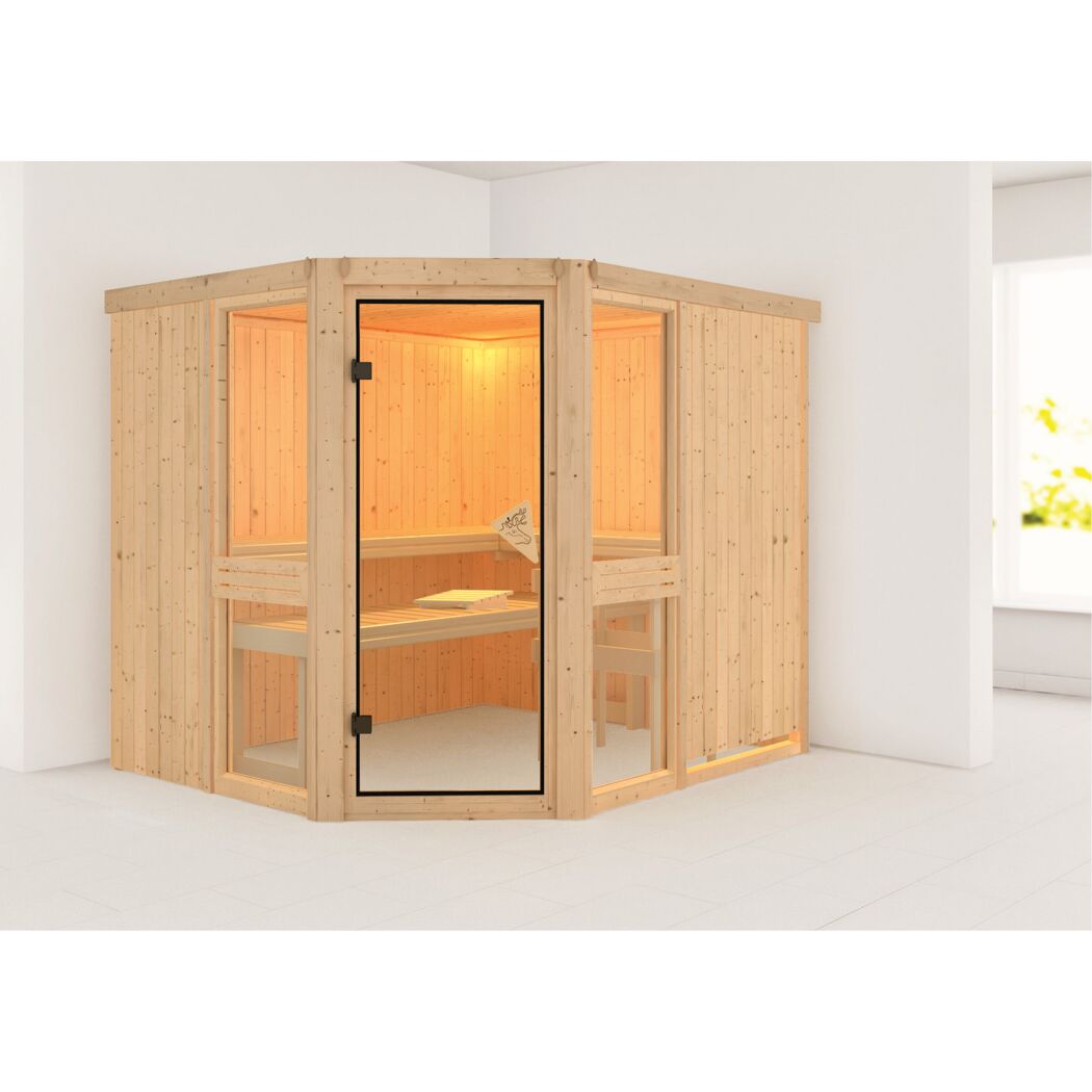 Eck-Sauna aus hellem Holz mit Glastür