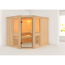 Eck-Sauna aus hellem Holz mit Glastür