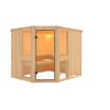 Eck-Sauna aus hellem Holz mit Glastür