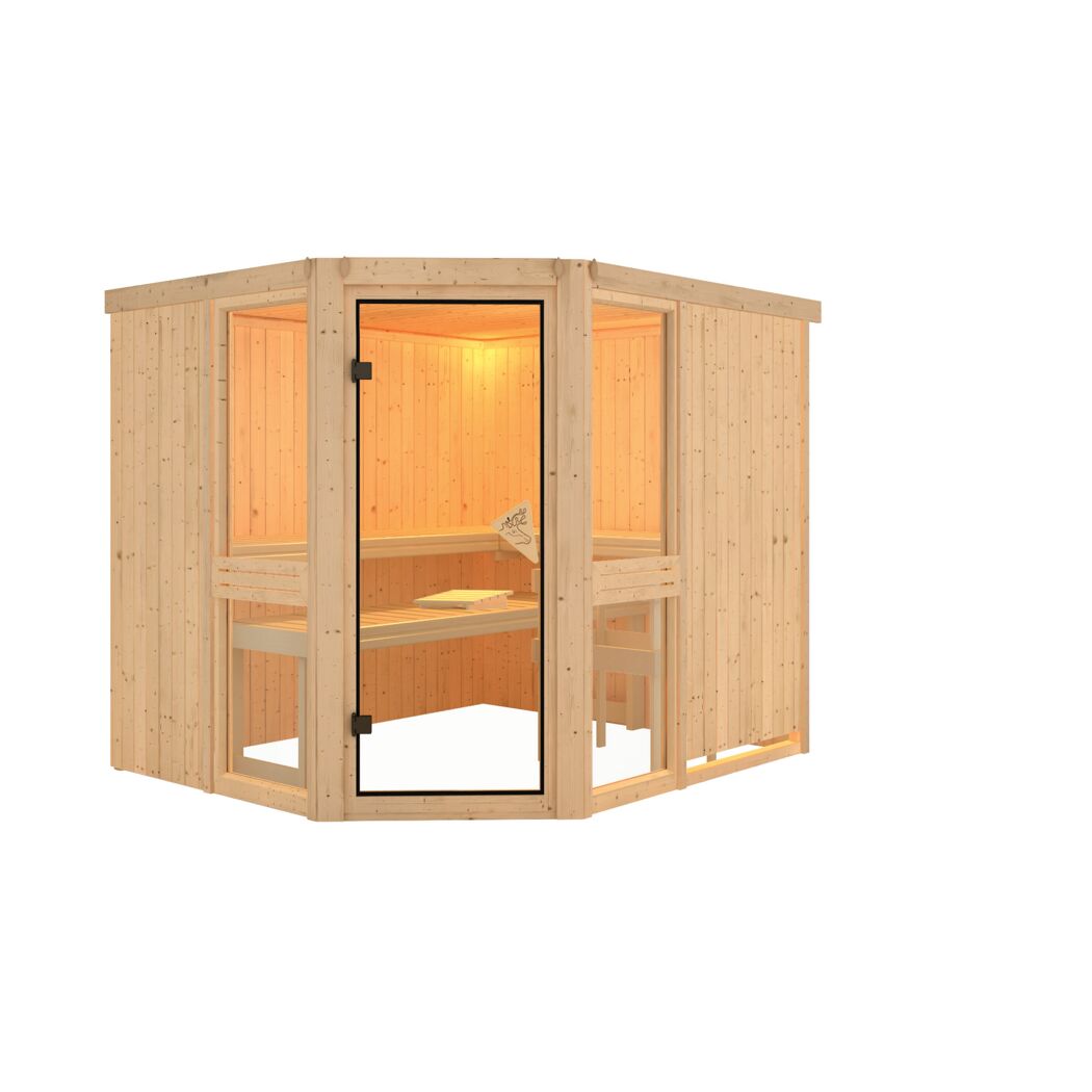 Eck-Sauna aus hellem Holz mit Glastür