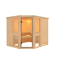 Eck-Sauna aus hellem Holz mit Glastür